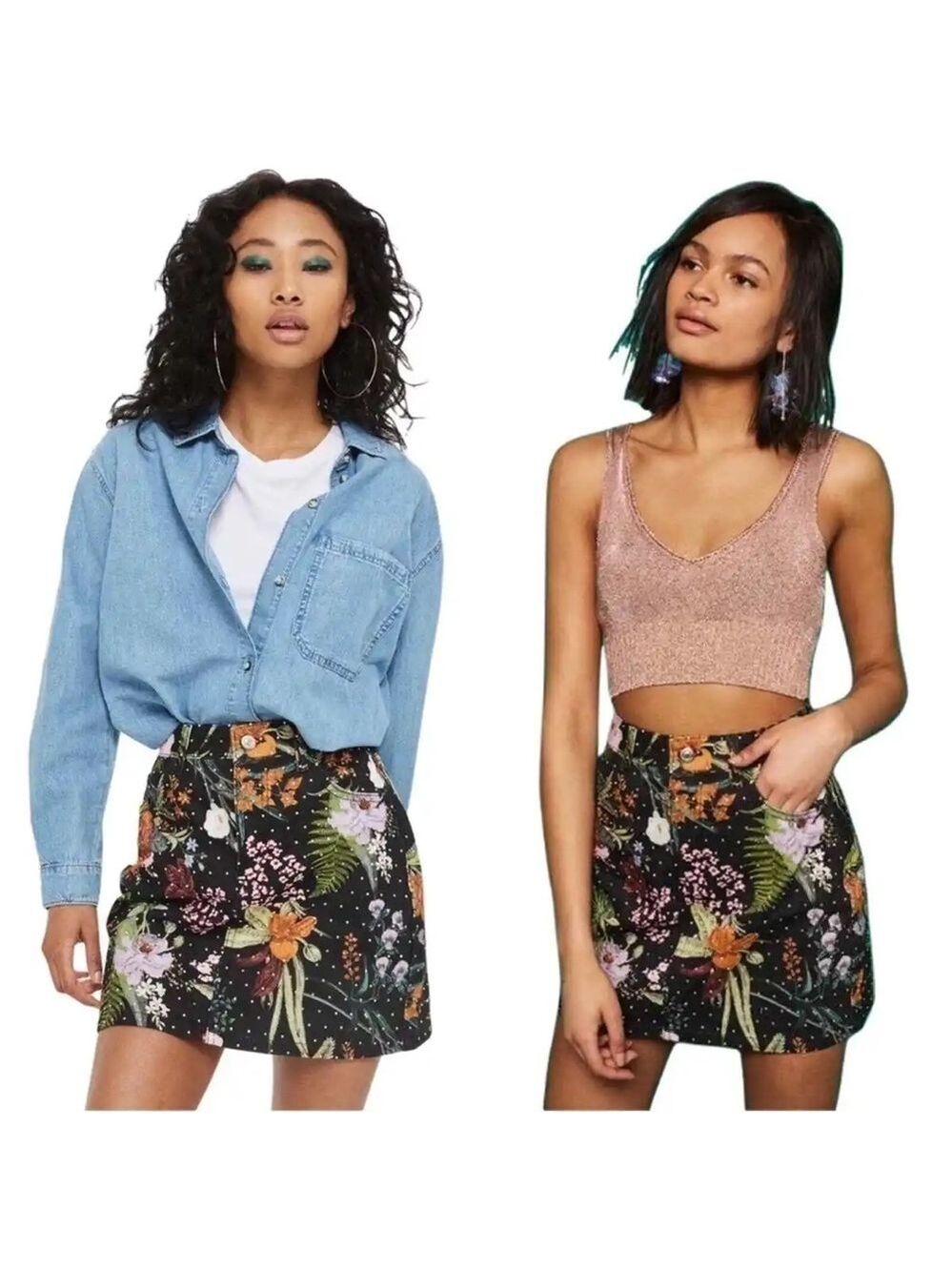 Nwt Topshop Moto Women’s black floral crystal denim Jean mini skirt 2